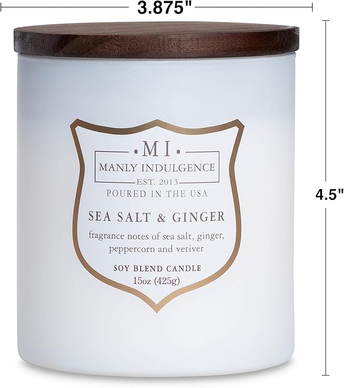 Manly Indulgence Sea Salt & Ginger Scented Candles for Men, 15 oz Wooden Wick, Premium Soy Blend Wax, 60H Burn, Candles for Home Scented - Made in The USA