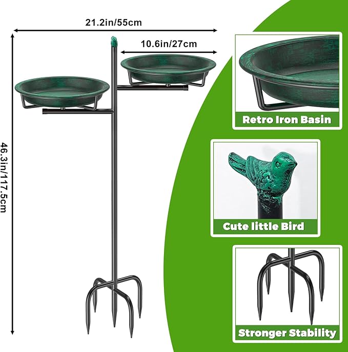 Metal Bird Bath for Outside, Vintage Freestanding Birdbaths Feeder Bowl, Stable & Easy to Clean Birdfeeder for Outdoors Garden Yard Lawn Decor (Retro Green)