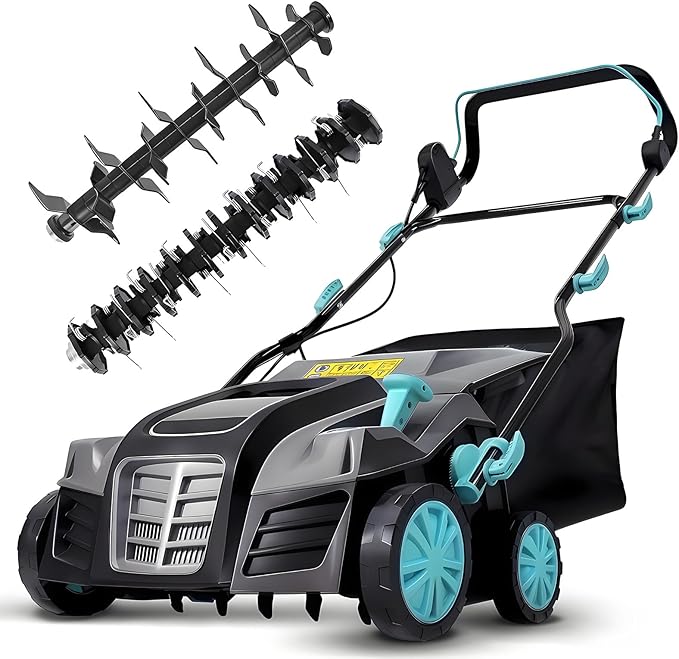 16-Inch 15-Amp 2-in-1 Electric Dethatcher and Lawn Scarifier with 14.5-Gallon Collection Bag, 5-Position Depth Adjustment, Lawn Care Machine for Thatch Removal and Grass Revitalization - XSS16D