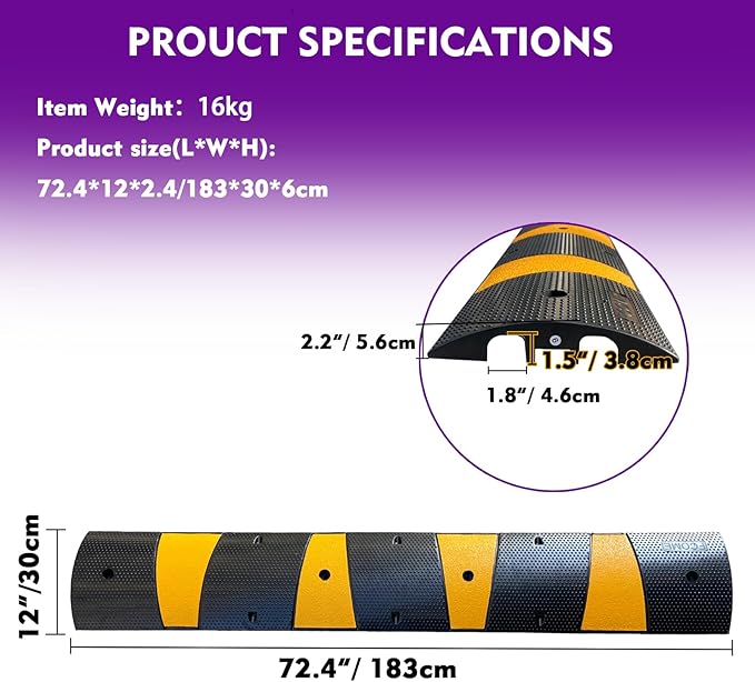 Rubber Speed Bump 6 Feet Rubber Driveway Modular Heavy Duty Speed 72.4 x 12 x 2.4 Inch Cable Protector Ramp for Garage Gravel Roads Asphalt Concrete, 6Ft-Speed Bump (2 Pack 6ft Speed Hump)