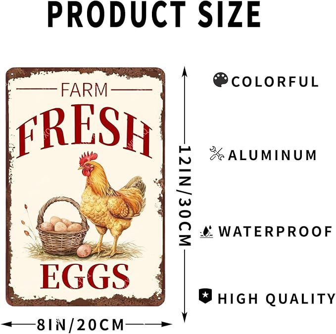 Metal Signs Farm Fresh Eggs Chicken Vintage Tin Sign for Farmhouse Chicken Coop Farm Kitchen Wall Decor 12x8 Inch