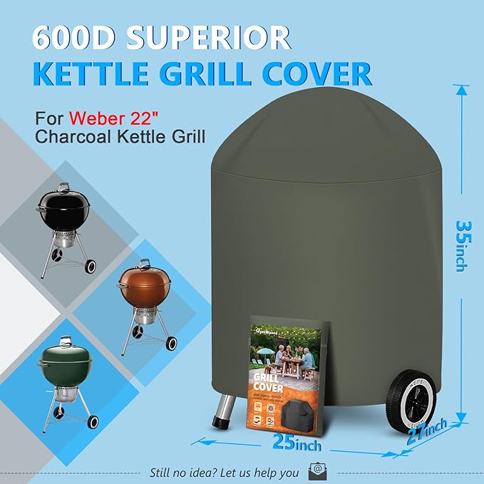 22 Inch Kettle Grill Cover - Superior Charcoal Cover for Weber Original and Master Touch - 600D Outdoor BBQ Cover for 22 Inch Weber Grills and More