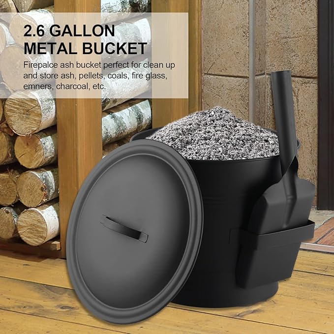 Ash Bucket with Lid, Shovel and Hand Broom, 2.6 Gallon Fireplace Metal Bucket Reinforced Base & Ash Can, Fire Pit,Wood Burning Stove for Fireplace, (Ash Bucket-2.6Gallon)
