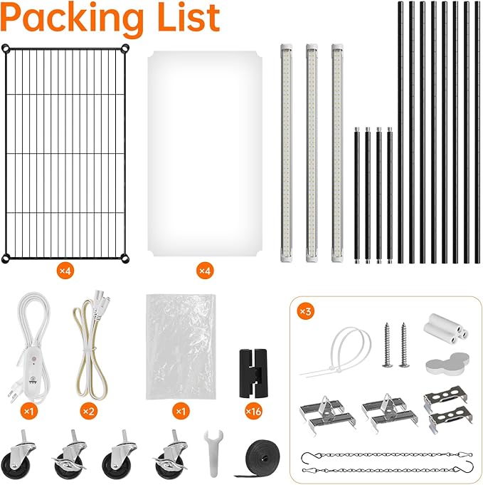 Indoor Greenhouse with Grow Light, Metal Plant Stand, 3 Pack T8 2FT Full Spectrum Plant Lights, Timer, Black, 23.5"x13.8"x59"