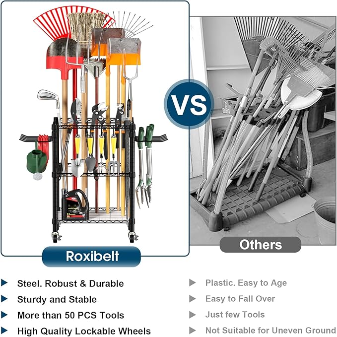 T1 Garden Tool Organizer（With Lockable Wheels）Heavy Duty Garage Tool Storage for Yard，Shed，Outdoor and Lawn，Freestanding Tool Organizers and Storage UP to 50 Tools，Black with Anti-Tip Device