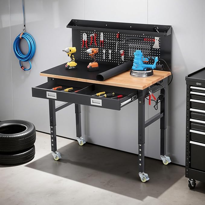 Work Bench for Garage 48 Inch Heavy Duty Rubberwood Tabletop Workbench with Wheels, Pegboard, Drawers, Power Outlets Adjustable Height Work Table for Home, Office, Workshop