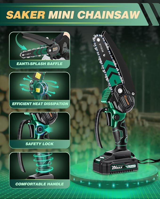 Saker Mini Chainsaw with Auto Oiler|6 Inch Chainsaws[2025 Upgraded]|Mini Cordless Electric Chain Saw|Small Handheld Portable Chainsaw Battery Powered for Tree Trimmer and Garden 2 Batteries+3 Chains