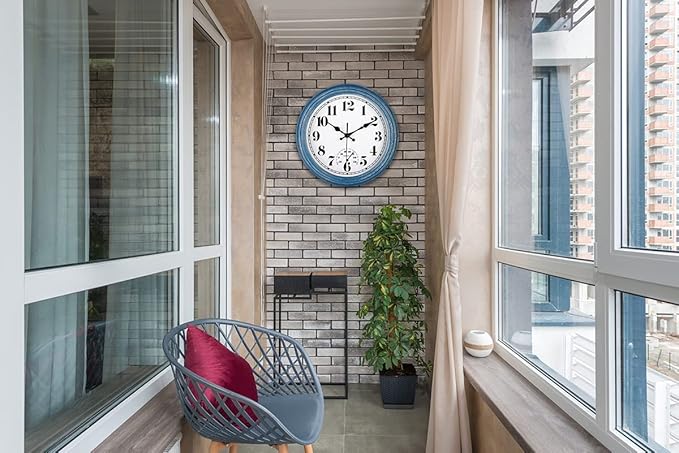 JENLYSTIME 12 Inch Indoor/Outdoor Retro Waterproof Wall Clock with Thermometer Silent Round Quartz Battery Operated Easy to Read Decorative for Kitchen Patio,Bathroom,Deck,Porch,Pool(Blue)