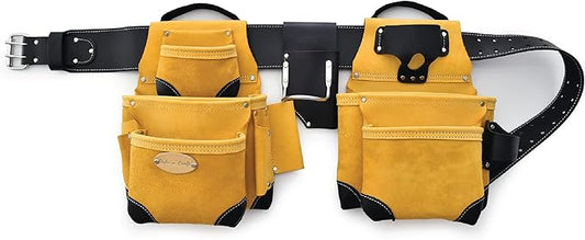 Style n Craft 4-Piece and 17-Pocket Pro Framer’s Combo, Tool Belt with 2 Tool Pouches and 1 Pliers and Hammer Holder, Full-Grain Leather Tool Belt Combo, Yellow with Black Leather Corners (93414)