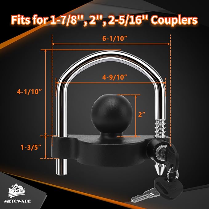 METOWARE Keyed Alike Trailer Coupler Lock Universal Adjustable Steel Trailer Hitch Lock, Anti Theft Trailer Ball Lock Towing Lock for Towing Trailer Security Fits 1-7/8",2”, 2-5/16" Coupler 2 Pack