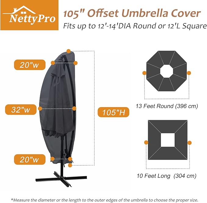 NettyPro Patio Umbrella Cover Outdoor Waterproof Cantilever Parasol Banana Umbrella Cover Fits 12ft to 14ft, Black