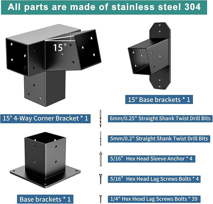 15° Wall Pergola Kits - Stainless Steel 15 Degrees Wall Mounts for 4x4 Posts(Actual 3.5" X 3.5"), Angled Pergola Construction Bracket Kit(4-Way)