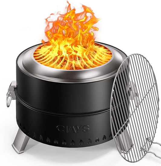 Ciays Smokeless Firepit for Outside, 21 Inch Outdoor Fire Pit for Camping with Patented Technology, Portable Fire Pit with Steel Grill Rack, Fire Poker, and Bag, Easy Setup and Storage, Wood Burning