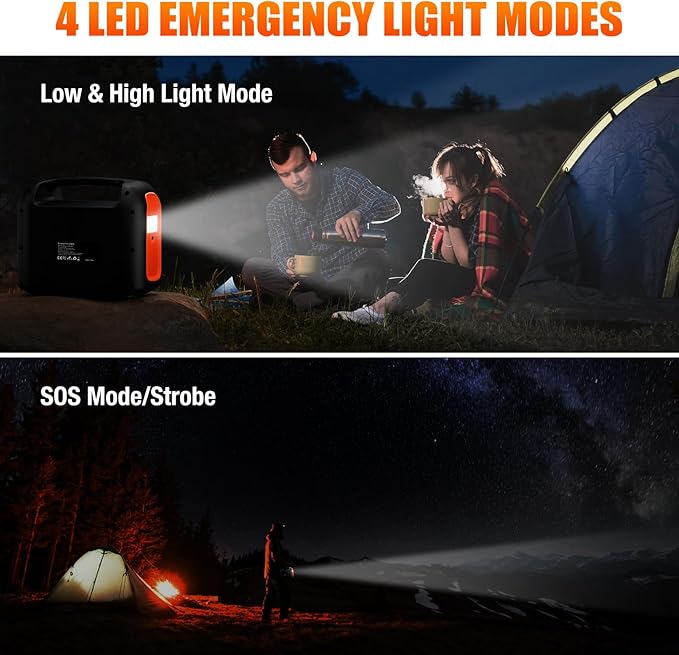 Portable Power Station, 600W (1200W Peak) 299Wh LiFePO4 Solar Generator Pure Sine Wave 110V AC Car Outlets PD 60W QC3.0 Backup Power Supply Bank for Camping, Blackout, CPAP