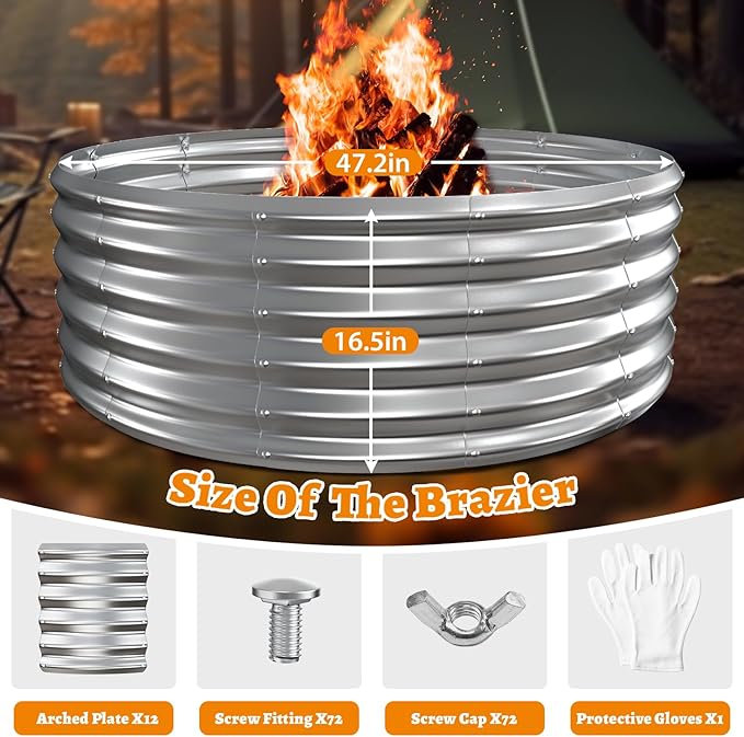 Metal Fire Pit Ring/Bonfire Fire Ring- 48 Inches Diameter, 0.8 MM Thick,1.5 ft High, Durable and Stylish for Outdoor Fire Pits,Patios and Camping (Silver, 4X4X1.5 ft)
