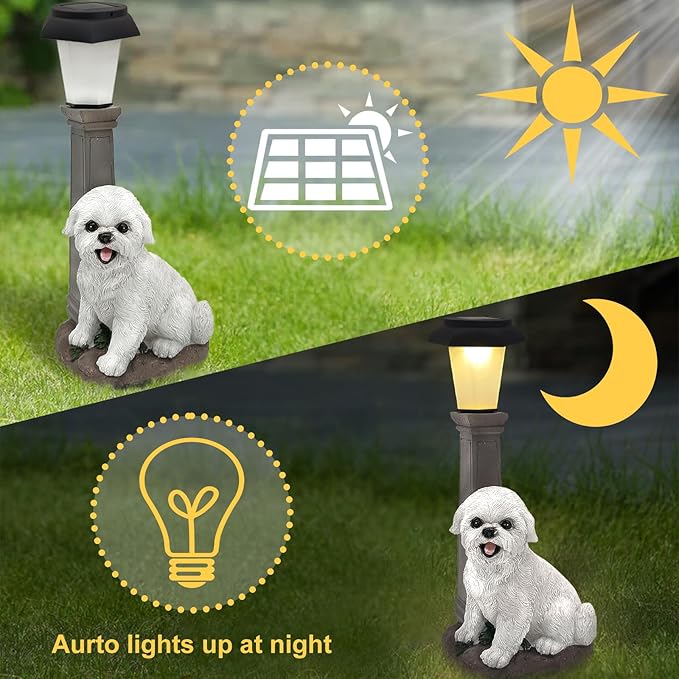 Solar Dog Garden Statues with Lantern, Resin Bichon Dog Sculpture with Warm White Light for Outside Lawn Porch Patio
