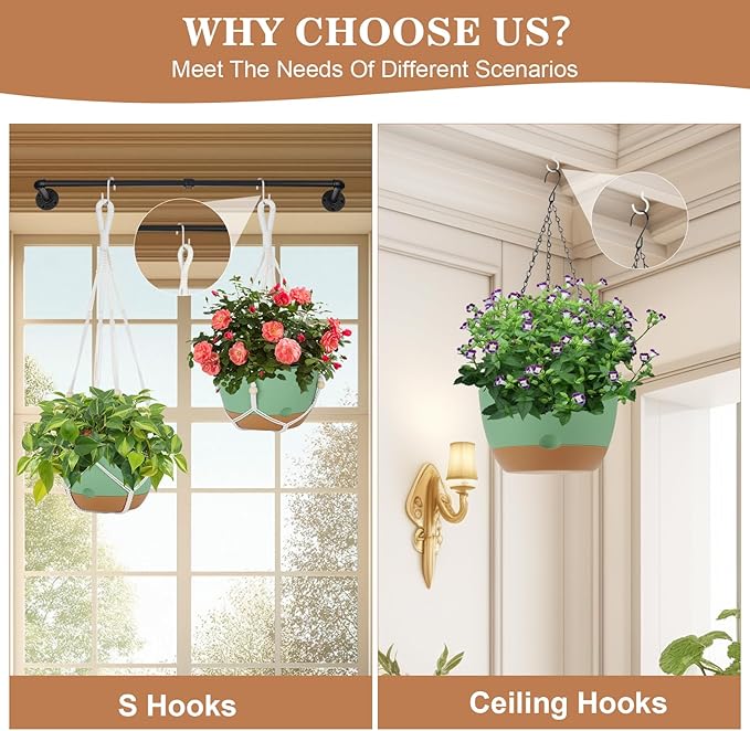 3 Pack Hanging Planters for Indoor Plants, 10 + 10 + 8 Inch Self-Watering Hanging Plant Pot, Macrame Plant Hanger with Pot, Ceiling Hooks, Removable Saucer and Drainage Holes for Garden Home - Green