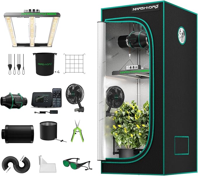 MARS HYDRO 3x3 Smart Grow Tent Kit Complete System with Smart Controller 43,150W FC-E1500 Dimmable Grow Light,32" x 32" x 63" 1680D High Reflective Mylar,4inch Automatic Ventilation Kit