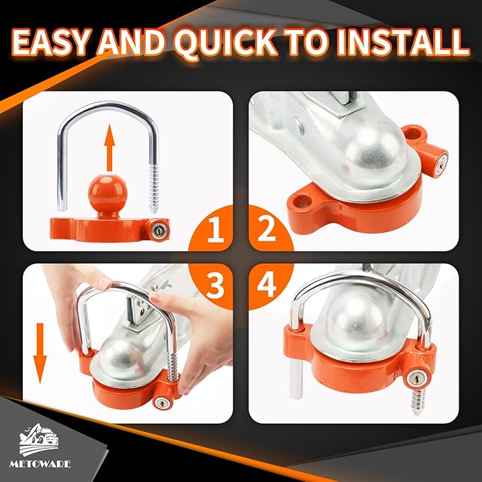 METOWARE Trailer Coupler Lock Universal Adjustable Heavy-Duty Steel Trailer Hitch Lock, Anti Theft Trailer Ball Lock Towing Lock for Towing Trailer Security Fits 1-7/8",2”, 2-5/16" Coupler Orange