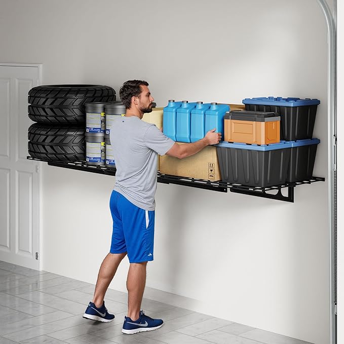 FLEXIMOUNTS 2x6ft Garage Shelving Wall-Mounted, 1-Pack Heavy-Duty Wall Shelving, Holds Up to 400 lbs, Garage Storage Rack for Organization & Storage Bins, Black