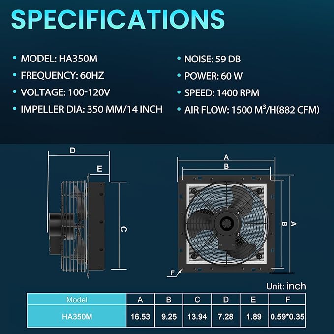 HG Power Upgraded 14 Inch Shutter Exhaust Fan with Speed Controller, 882CFM High-Speed Vent Fan, 1400RPM Wall Mounted Attic Fan with Steel Mesh Screen for Shed, Garage, Greenhouse Ventilation, Black