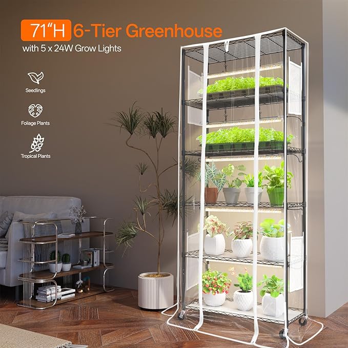 Indoor Greenhouse with Grow Light, Mini Green house with 5 Pack T8 Full Spectrum Plant Lights, Plant Shelf with Tent for Indoor Plant, Seed Starting, Seed Tray, 29.5"x13.8"x71"