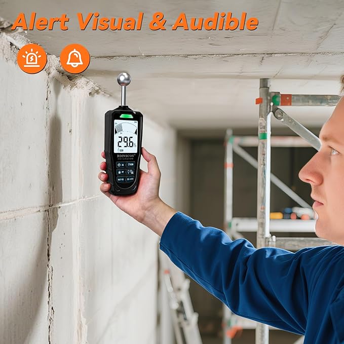 2-in-1 Pin & Pinless Moisture Meter, Digital Moisture Detector for Wood, Drywall & Building Materials, Large LCD Display, 3-Color Indicator, Calibration, Rechargeable Battery