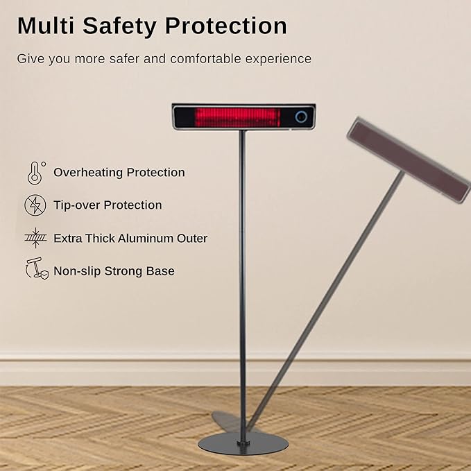 EAST OAK Electric Patio Heater, 1500W Indoor/Outdoor Standing Heater with Nano Glass-Ceramic, Fast Heating, Waterproof, 3 Heat Settings, 24H Timer, Tip-Over & Overheat Protection