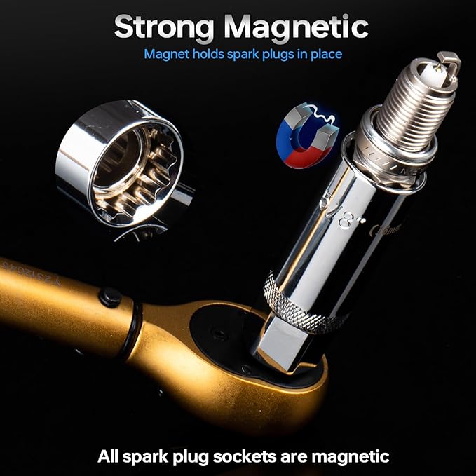 10PCS Full Magnetic Spark Plug Socket Set with 3/8" Drive Torque Wrench (5-50 FT.LB/6.8-67.8Nm), Swivel Magnetic Spark Plug Removal Kit Includes 14, 16, 18mm& 9/16, 5/8, 3/4, 13/16 Inch Sockets