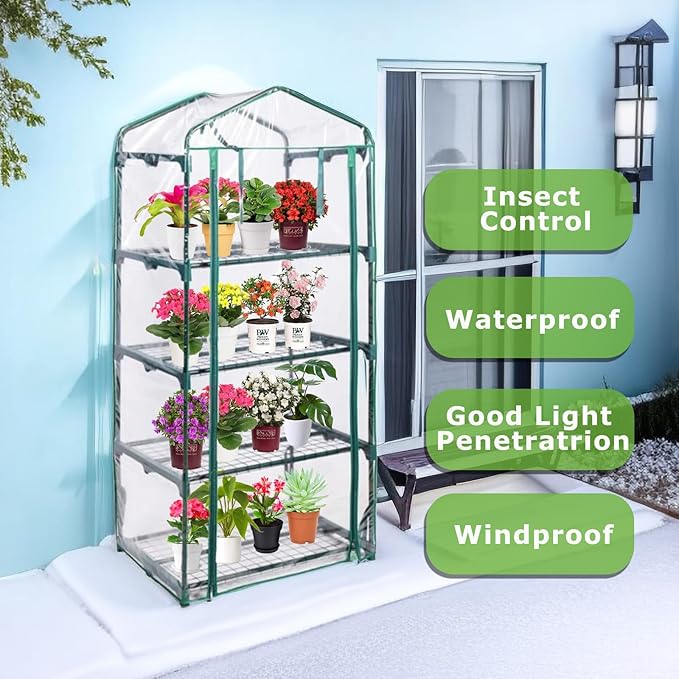 Mini Greenhouse for Indoor Outdoor, Plant Green House 4-Tier Rack Stand Portable Greenhouses with Durable PVC Cover for Seedling, 2.5x1.6x5.2 FT,Ideal Gardening Gifts for Women Men(PLGH704P)