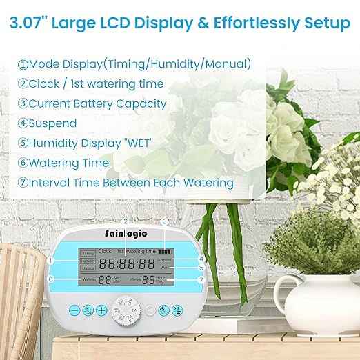 Sainlogic Automatic Plant Waterer for 15 Potted Plants, Smart Self Watering System with Humidity Monitor Display，Deep Root Irrigation, IP64 Programmable Timer for Vacation, Travel, Indoor Garden