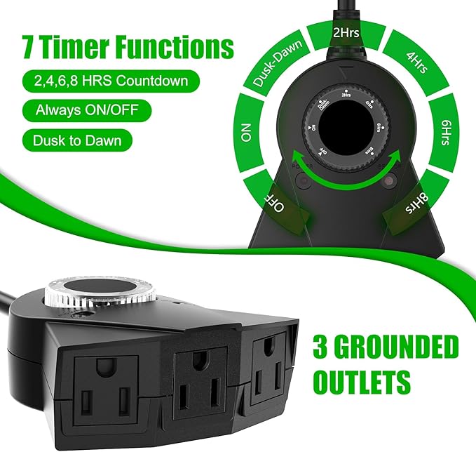Outdoor Light Sensor Timer, 24 Hours Heavy Duty Waterproof Outlet Timer with 2, 4, 6 or 8 Hours Countdown Mode, 3 Grounded Electrical Outlet for Home Backyard Garden (2 Pack)