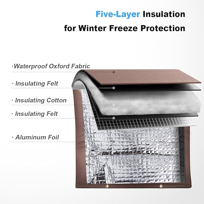 Outdoor Pipe Insulation Cover, Waterproof Backflow Preventer Cover for Winter Freeze Protection, Heavy-Duty 5-Layer Fabric Insulated Wrap for Sprinklers and Valves 30W x 24H inches - Brown