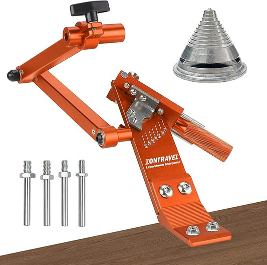 Upgraded Lawn Mower Blade Sharpener with Ball Bearing Handle and 15°-45° Adjustable Frame, for Straight & Standard Lawn Mower Blades,Lawnmower Blade Sharpener Kit with Metal Blade Balancer,5005,Orange