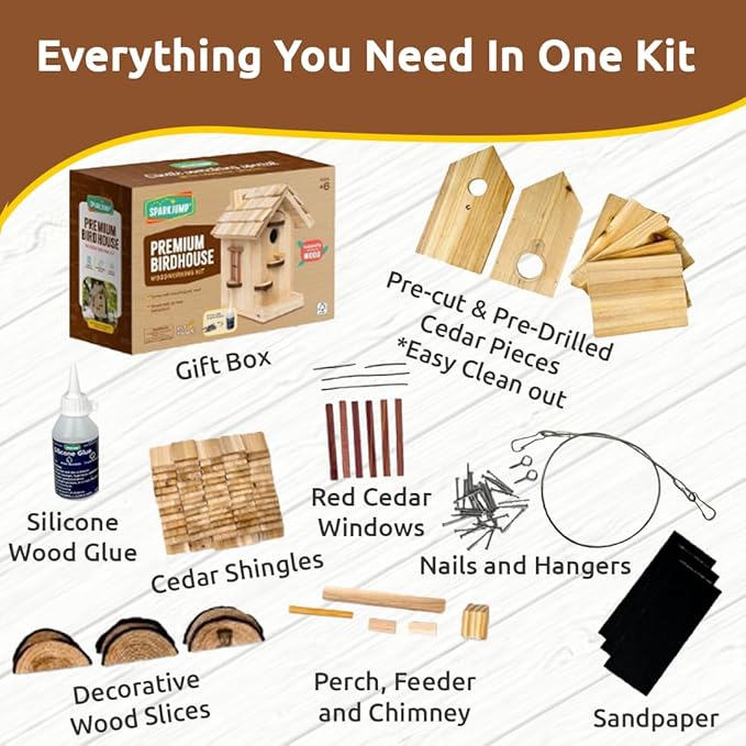 SparkJump Premium Wooden Bird House Kit - Build it Yourself Birdhouse - Birdhouse Kits for Adults to Build - Woodworking Adult Crafts & DIY Bird House