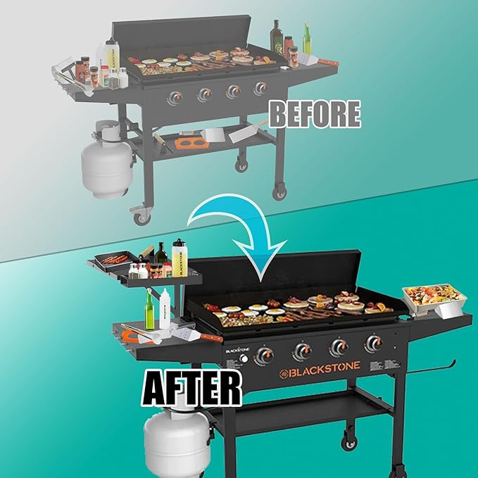 Upper Side Shelf with Griddle Caddy for 36″/28″/28XL Blackstone Griddles, Large Griddle Side Table with Bottle Holder for Easy Access, Blackstone Grill Accessories, Black (1 Pack)