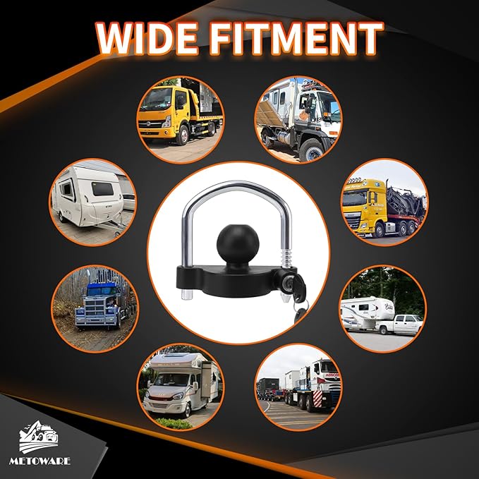 METOWARE Trailer Coupler Lock Universal Adjustable Heavy-Duty Steel Trailer Hitch Lock, Anti Theft Trailer Ball Lock Towing Lock for Towing Trailer Security Fits 1-7/8",2”, 2-5/16" Coupler Black Matte