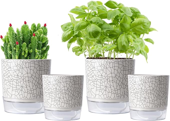Self Watering Pots for Indoor Plants, 5 & 4 Inch Stylish Flower Pots, Set of 4 Modern Planters with Self Watering Plant Feature (Crack Texture)