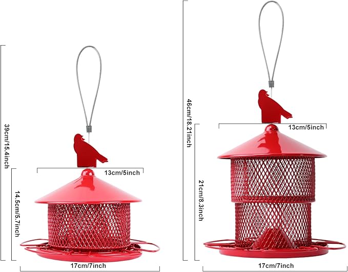 Metal Bird Feeder for Outside Hanging, Bird Feeders Squirrel Proof, 4 Lbs Large Capacity Tube Iron Mesh Wild Birdfeeder for Outdoor Finch Cardinal Chickadees -Red