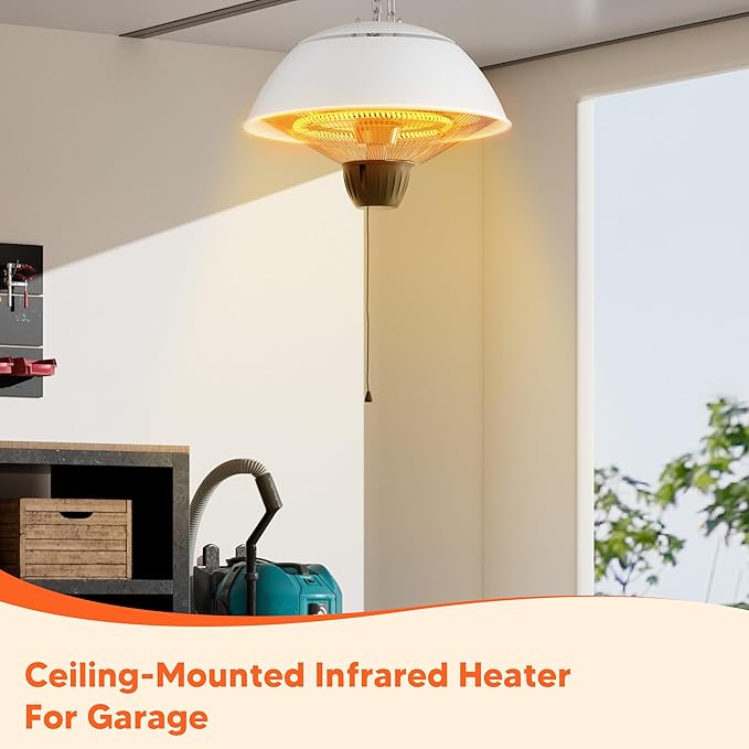 Electric Outdoor Heater, 1500W Outdoor Hanging Heater, Ceiling Mounted Infrared Patio Heater for Outdoor Use, Waterproof Electric Heater for Porch, Balcony, Garage, Adjustable Height, White