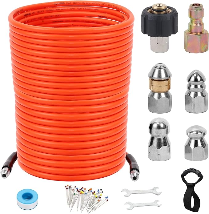 150FT Sewer Jetter Kit for Pressure Washer, 5800 PSI Water Jet Drain Cleaner Hose With Corner Rotating Button Nose Nozzle 1/4 Inch NPT, Jetting Nozzles Kit With Spanner Handle Strap