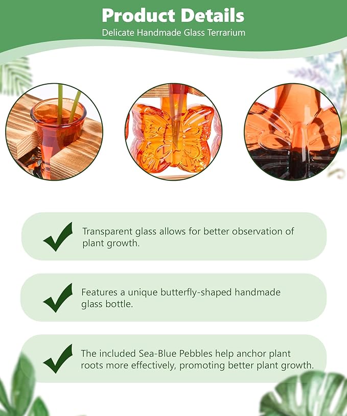 Nacome Plant Terrarium with Wooden Stand,Butterfly-Shaped Glass Vase Planter Propagation Station for Home Office Decor,Unique Gifts for Plant Lovers Women Mom(Orange)