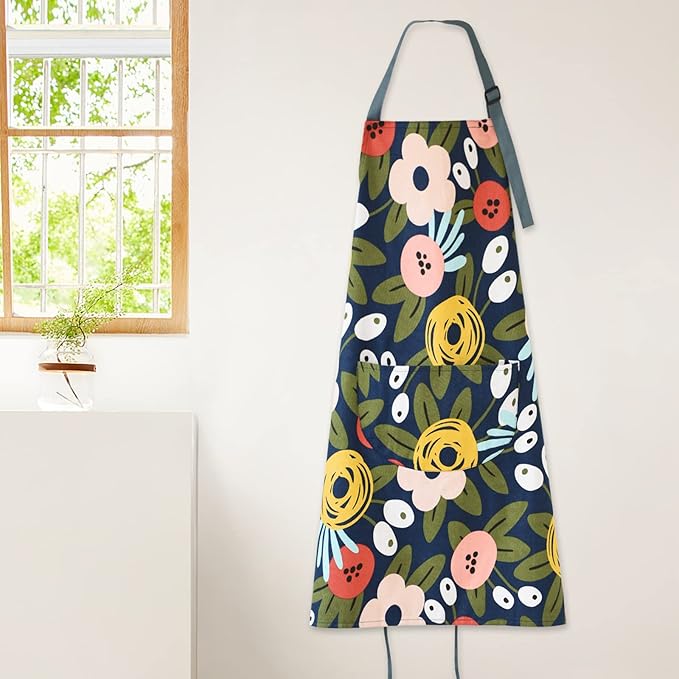 2 Pack Floral Apron for Women with Pockets, Adjustable Cotton Chef Aprons for Kitchen, Cooking, BBQ & Grill