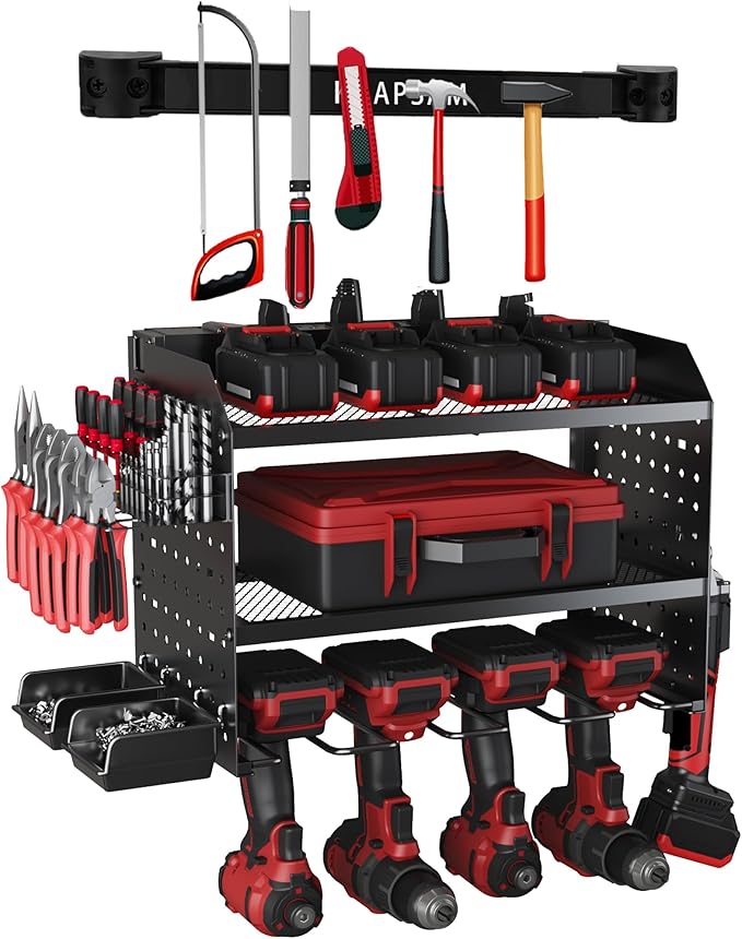 Power Tool Charging Station,Garage 4 Drill Power Tool Wall Organizer,Metal Tool Storage Rack,Cordless Drill for Garage Organization,Gifts for Men Dad Husband (Tool Holder + Magnetic Strip)
