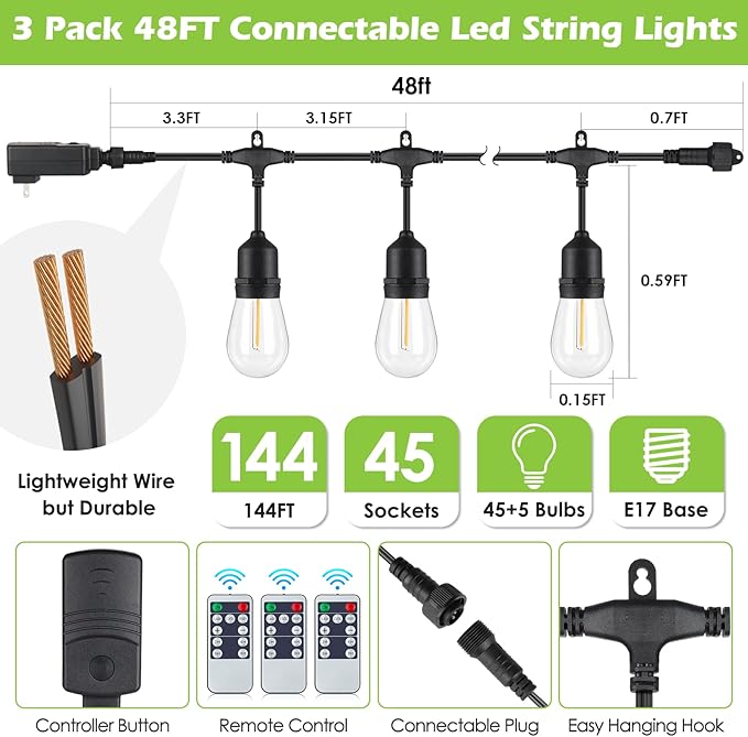 144FT(3 * 48FT) Outdoor String Lights with Remote, Dimmable Patio Lights with 45+5 LED Bulbs 3 Modes 4 Timers for Bistro Cafe, Black 3 Pack