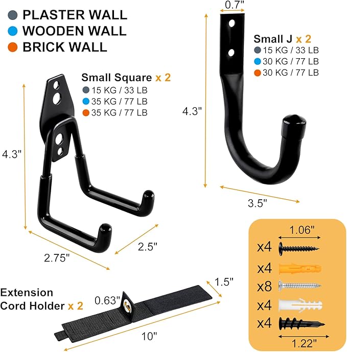 REMIAWY Garage Hooks Heavy Duty, Steel Utility Garage Storage Hook 6 Pack, Wall Mount Double Tool Hangers with Anti-Slip Coating for Hanging and Organizing Ladder Bike, Garden Tools, Bulk Items