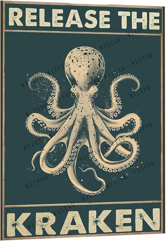 Metal Signs Release The Kraken Vintage Octopus Tin Sign for Home Office Kitchen Bar Cafe Garden Wall Decor 12x8 Inch