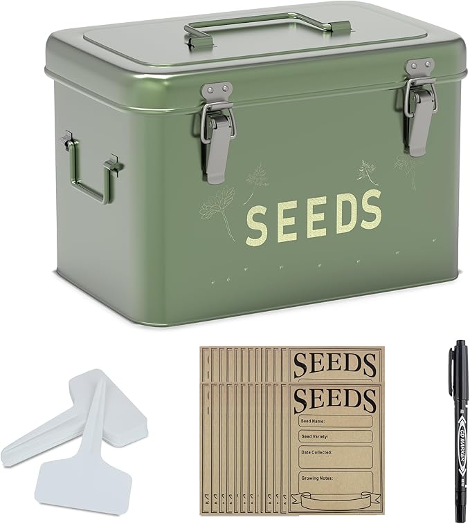 Orionstar Seed Storage Organizer, Metal Seed Saving Box with Lid, Seed Bin with 30 Plant Labels 30 Seed Envelopes 1 Marker Pens, 3 Compartments Box with Safety Locks, Tall Green