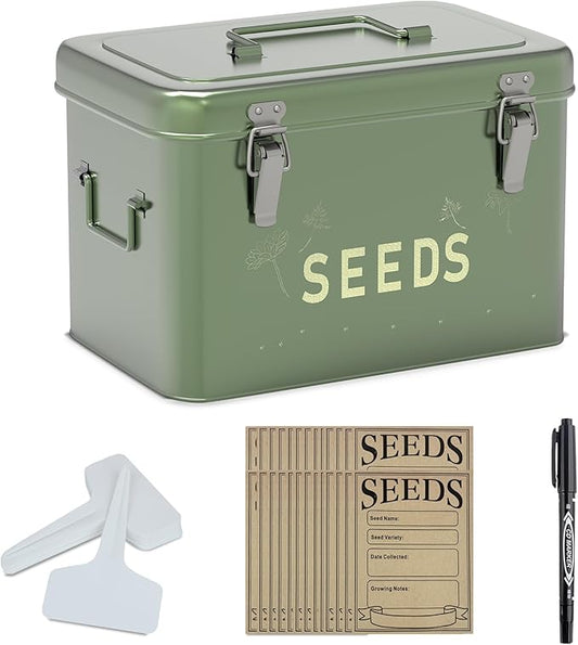 Orionstar Seed Storage Organizer, Metal Seed Saving Box with Lid, Seed Bin with 30 Plant Labels 30 Seed Envelopes 1 Marker Pens, 3 Compartments Box with Safety Locks, Tall Green