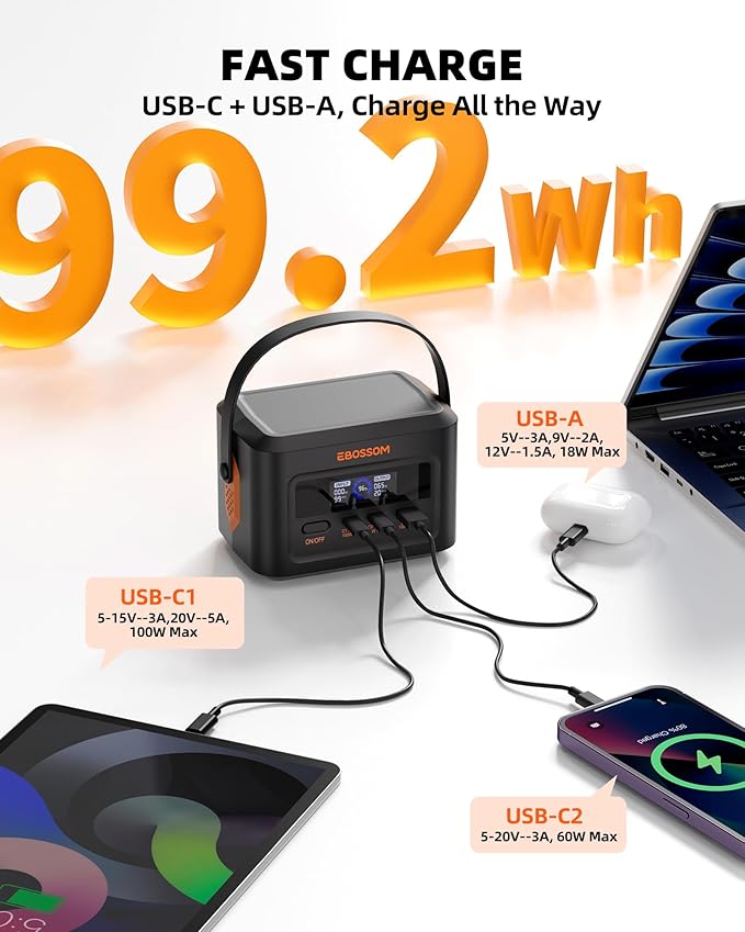 Portable Power Station 99.2Wh Power Bank, LiFePO4 Battery Solar Generator, 1.2H Fast Recharging, 100W Max PD Charging for Laptop Phone Travel Camping Outdoor Emergency